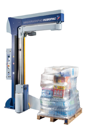 Robopac Masterwrap HD palešu aptinējs ar rotējošo roku un aptītu paleti